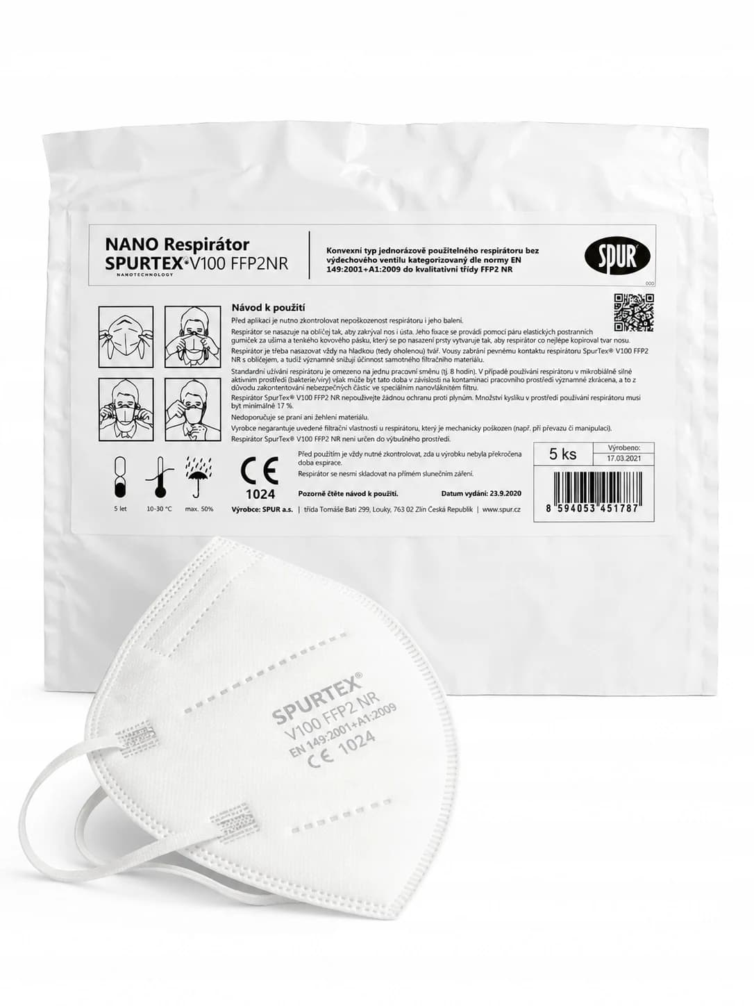 SpurTex V100 nanorespirátor FFP2, 5 ks