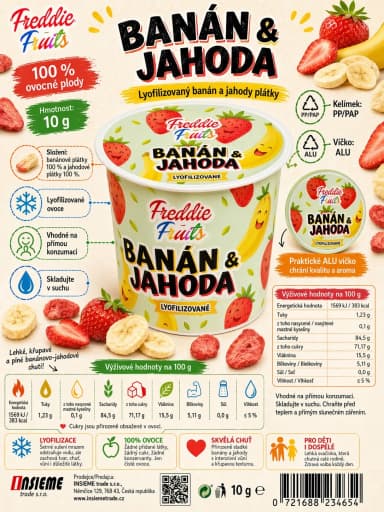 Lyofilizovaný banán a jahoda Freddie Snack - plátky 10g