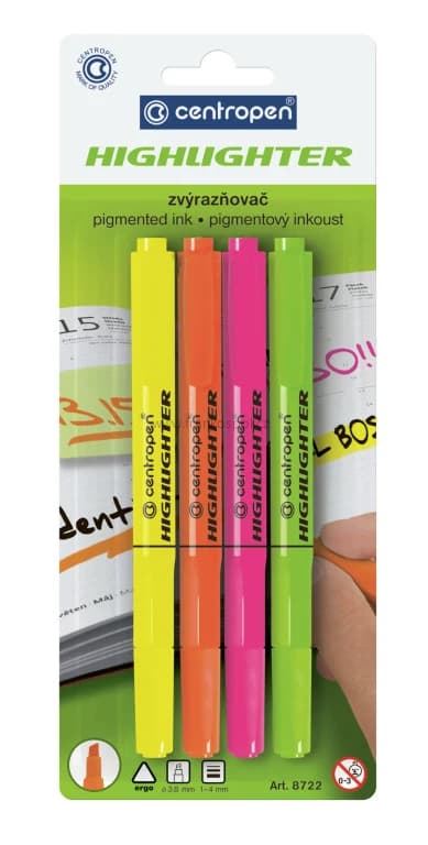 Zvýrazňovač CENTROPEN 8722, sada 4 ks PB