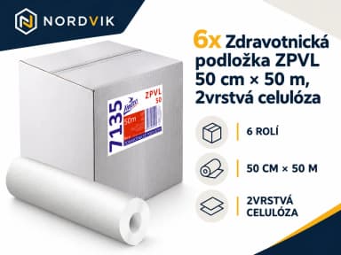 6x Zdravotnická podložka ZPVL 50 cm × 50 m, 2vrstvá celulóza, produktová infografika