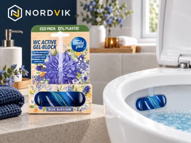 Ambi Pur WC gelová závěska Blue Blossom, 45 g, produktová fotografie v prostředí Nordvik