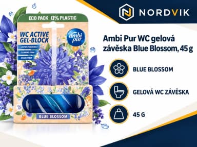 Ambi Pur WC gelová závěska Blue Blossom, 45 g, produktová infografika