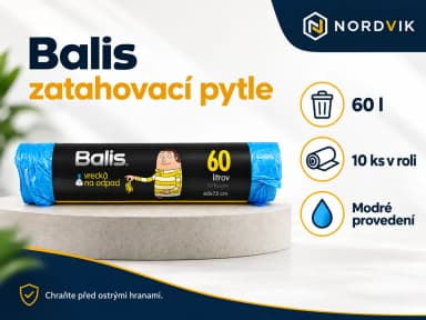 Balis zatahovací pytle na odpad 60 l, modré, 10 ks, produktová infografika