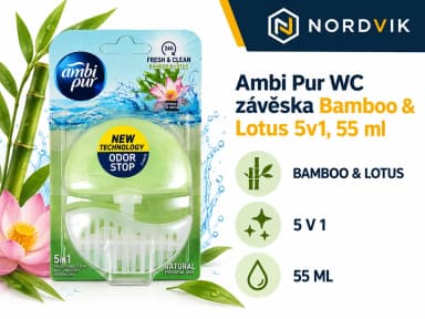 Ambi Pur WC závěska Bamboo & Lotus 5v1, 55 ml, produktová infografika